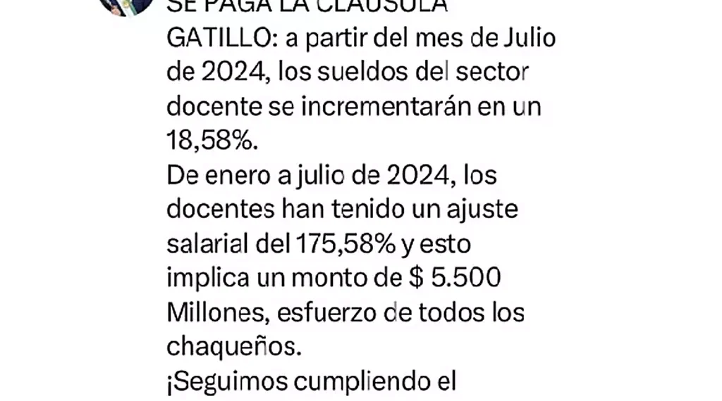 Docentes tendrán incremento del 18,58% en Julio